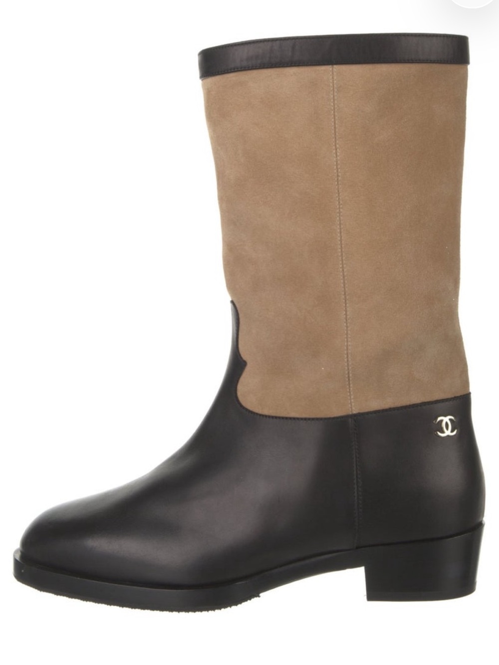 CHANEL Western Black Leather & Tan Suede Mid-Calf CC Logo Boots